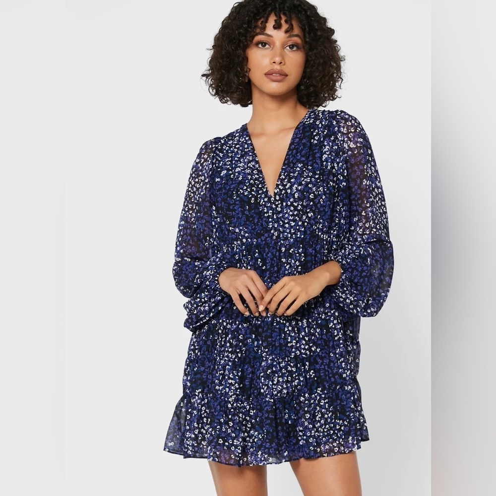 Ted Baker Black Blue Floral Mini Dress Small Long Sleeve V-Neck